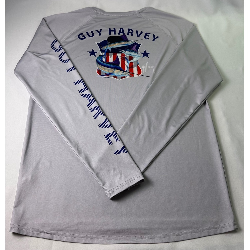 Guy Harvey Marlin Long Sleeve Fishing T-Shirt‎ USA Flag Gray Sz M Sun Protection